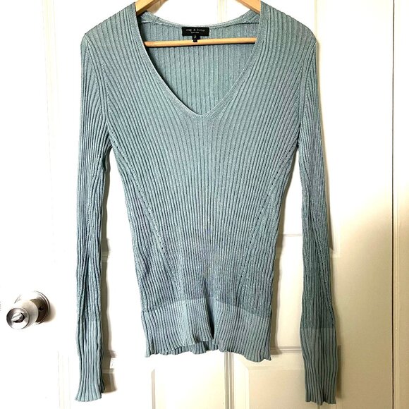Rag & Bone Alyssa Ribbed V-Neck Sweater - Lake Blue - Size Small - Picture 3 of 8